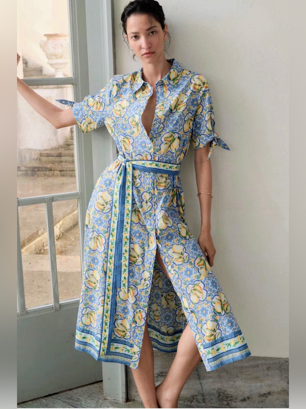 H&M Blue and Yellow Floral Midi Shirt Dress